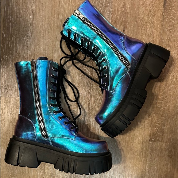 Doll’s Kill Current Mood Metallic Blue Platform Combat Boots Size 8 - Picture 2 of 12